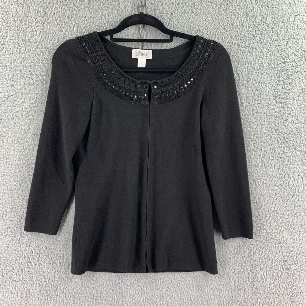 Ann Taylor Loft Womens Sequins Cardigan Sweater Black Sz S Beaded Top